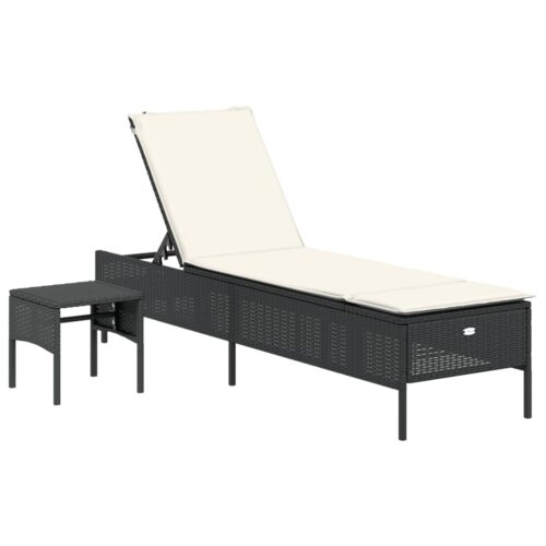 Sun Lounger with Table Cushion Black Poly Rattan