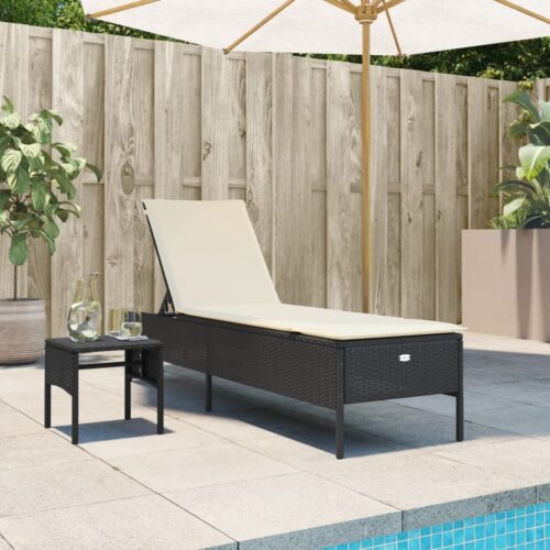 Sun Lounger with Table Cushion Black Poly Rattan - Image 2
