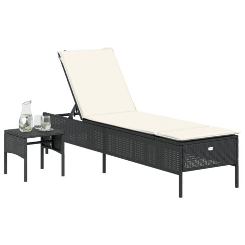 Sun Lounger with Table Cushion Black Poly Rattan - Image 3