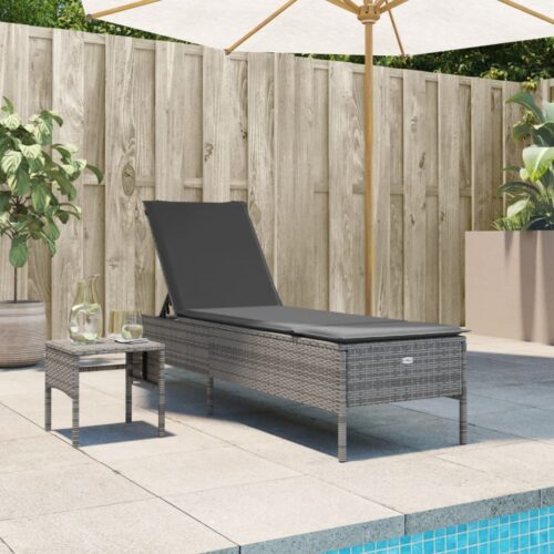 Sun Lounger with Table Cushion Grey Poly Rattan - Image 2