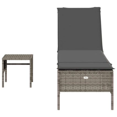 Sun Lounger with Table Cushion Grey Poly Rattan - Image 4