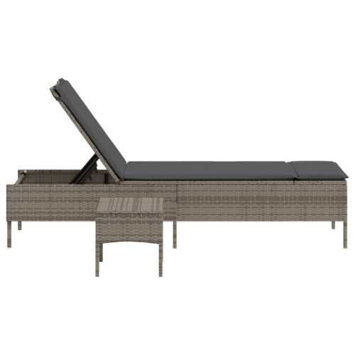 Sun Lounger with Table Cushion Grey Poly Rattan - Image 5