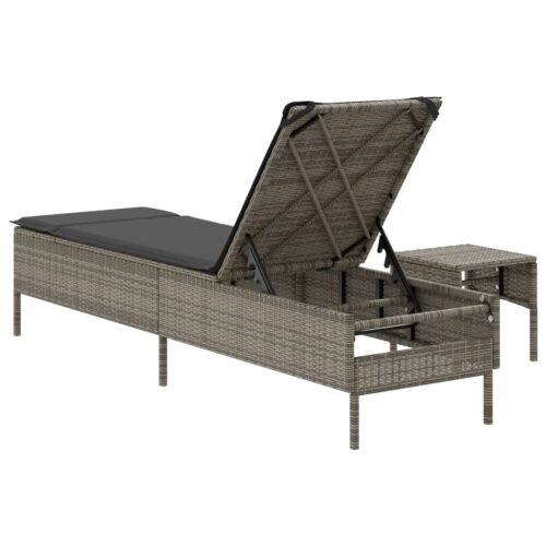 Sun Lounger with Table Cushion Grey Poly Rattan - Image 6