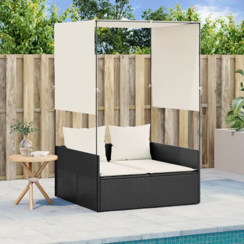 Double Sun Lounger with Roof Curtains Black Poly Rattan - Image 2