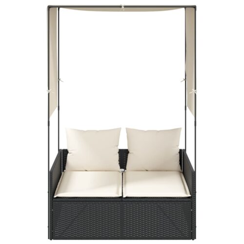 Double Sun Lounger with Roof Curtains Black Poly Rattan - Image 3