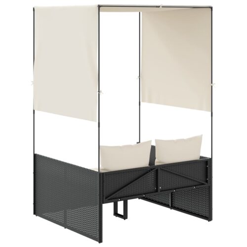 Double Sun Lounger with Roof Curtains Black Poly Rattan - Image 5