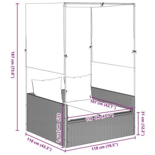 Double Sun Lounger with Roof Curtains Black Poly Rattan - Image 8