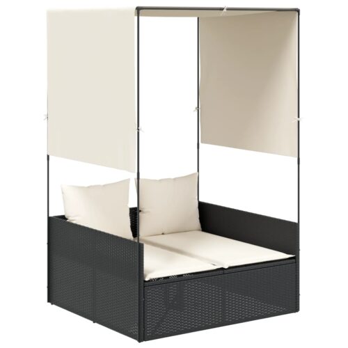 Double Sun Lounger with Roof Curtains Black Poly Rattan - Image 10