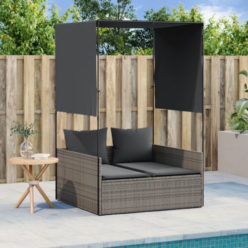 Double Sun Lounger with Roof Curtains Grey Poly Rattan - Image 2