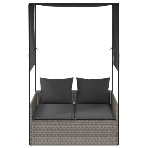 Double Sun Lounger with Roof Curtains Grey Poly Rattan - Image 3