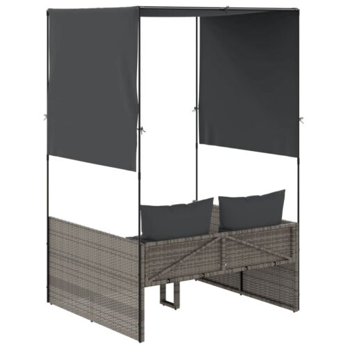 Double Sun Lounger with Roof Curtains Grey Poly Rattan - Image 5