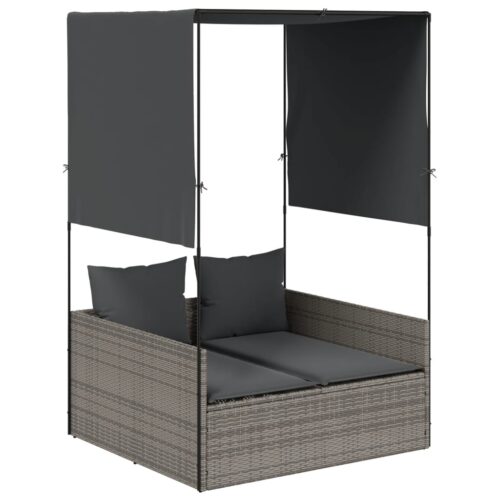 Double Sun Lounger with Roof Curtains Grey Poly Rattan - Image 10