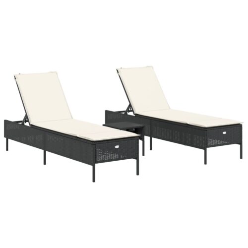 3-Piece Sun Lounger Set with Cushion Black Poly Rattan