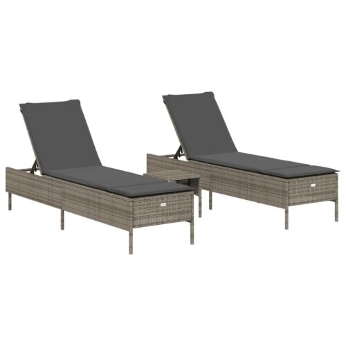 3-Piece Sun Lounger Set with Cushion Grey Poly Rattan
