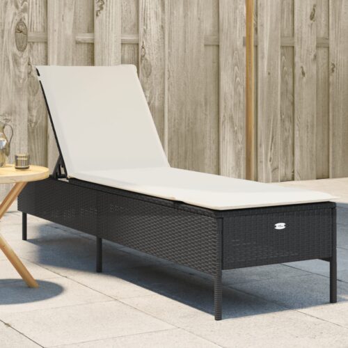 Sun Lounger with Cushion Black Poly Rattan - Image 2
