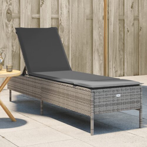 Sun Lounger with Cushion Grey Poly Rattan - Image 2