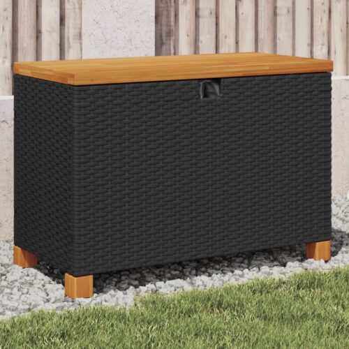Garden Storage Box Black 80x40x48cm Poly Rattan Acacia Wood - Image 2