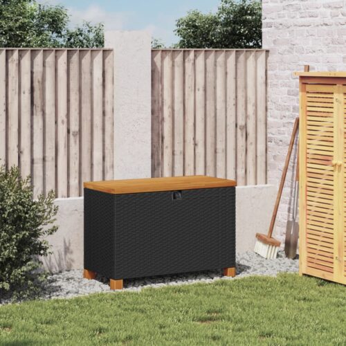 Garden Storage Box Black 80x40x48cm Poly Rattan Acacia Wood - Image 3