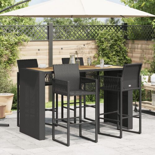 Garden Bar Table Acacia Wood Wicker Rattan Outdoor Patio Lounge Pub Dining Stand Black 185x80x110cm - Image 3