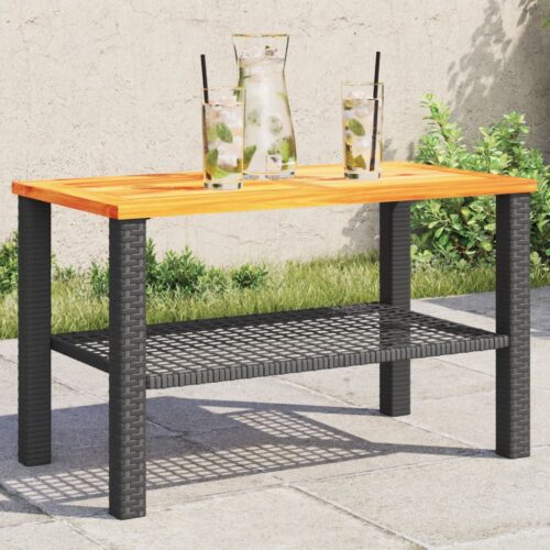 Garden Table Black 70x38x42cm Poly Rattan Acacia Wood - Image 2