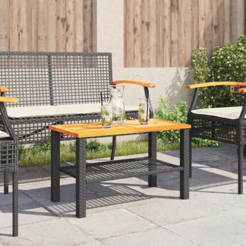 Garden Table Black 70x38x42cm Poly Rattan Acacia Wood - Image 3