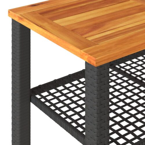 Garden Table Black 70x38x42cm Poly Rattan Acacia Wood - Image 7