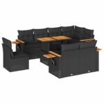 9-Piece Outdoor Sofa Set Garden Patio Lounge Cushions Chairs Black Poly Rattan Acacia