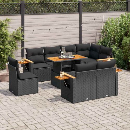 9-Piece Outdoor Sofa Set Garden Patio Lounge Cushions Chairs Black Poly Rattan Acacia - Image 2