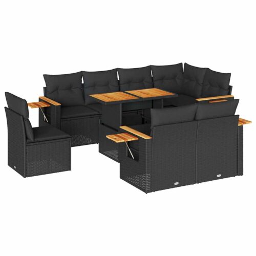 9-Piece Outdoor Sofa Set Garden Patio Lounge Cushions Chairs Black Poly Rattan Acacia - Image 13