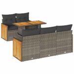 6-Piece Outdoor Sofa Set Garden Patio Lounge Cushions Chairs Grey Poly Rattan Acacia