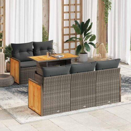 6-Piece Outdoor Sofa Set Garden Patio Lounge Cushions Chairs Grey Poly Rattan Acacia - Image 2