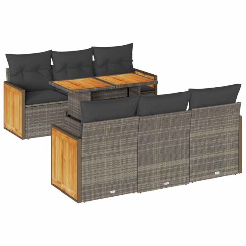 7-Piece Outdoor Sofa Set Garden Patio Lounge Cushions Chairs Grey Poly Rattan Acacia