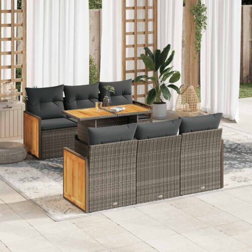 7-Piece Outdoor Sofa Set Garden Patio Lounge Cushions Chairs Grey Poly Rattan Acacia - Image 3