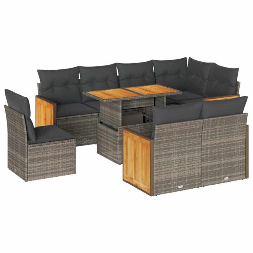 9-Piece Outdoor Sofa Set Garden Patio Lounge Cushions Chairs Grey Poly Rattan Acacia