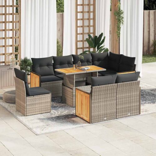 9-Piece Outdoor Sofa Set Garden Patio Lounge Cushions Chairs Grey Poly Rattan Acacia - Image 2
