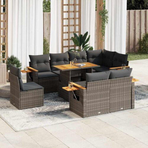 9-Piece Outdoor Sofa Set Garden Patio Lounge Cushions Chairs Grey Poly Rattan Acacia - Image 2