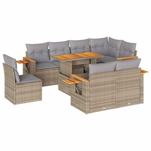 9-Piece Outdoor Sofa Set Garden Patio Lounge Cushions Chairs Beige Poly Rattan Acacia