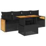 5-Piece Outdoor Sofa Set Garden Patio Lounge Cushions Chairs Black Poly Rattan Acacia