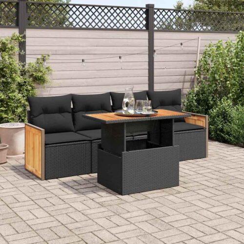 5-Piece Outdoor Sofa Set Garden Patio Lounge Cushions Chairs Black Poly Rattan Acacia - Image 2