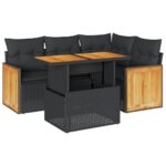 5-Piece Outdoor Sofa Set Garden Patio Lounge Cushions Chairs Black Poly Rattan Acacia