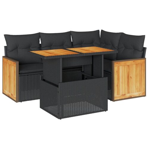 5-Piece Outdoor Sofa Set Garden Patio Lounge Cushions Chairs Black Poly Rattan Acacia