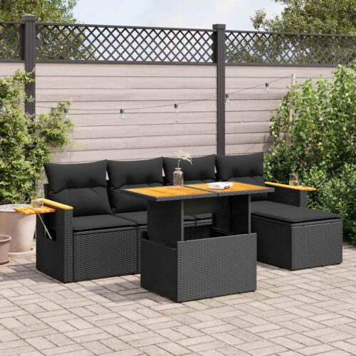 7-Piece Outdoor Sofa Set Garden Patio Lounge Cushions Chairs Black Poly Rattan Acacia - Image 2