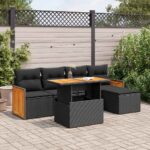 6-Piece Outdoor Sofa Set Garden Patio Lounge Cushions Chairs Black Poly Rattan Acacia