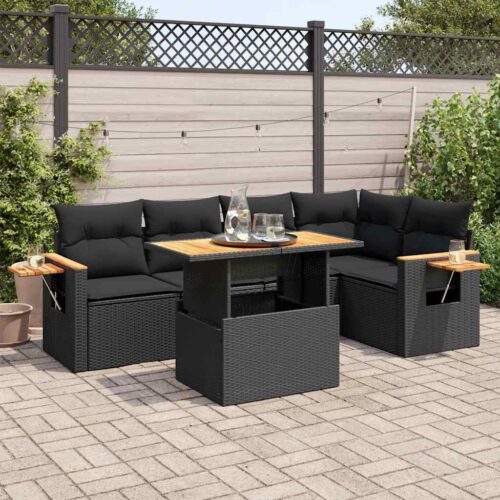 5-Piece Outdoor Sofa Set Garden Patio Lounge Cushions Chairs Black Poly Rattan Acacia - Image 2
