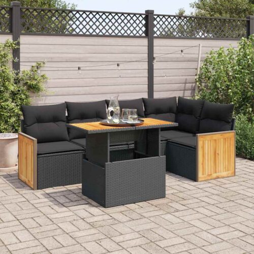 6-Piece Outdoor Sofa Set Garden Patio Lounge Cushions Chairs Black Poly Rattan Acacia - Image 2