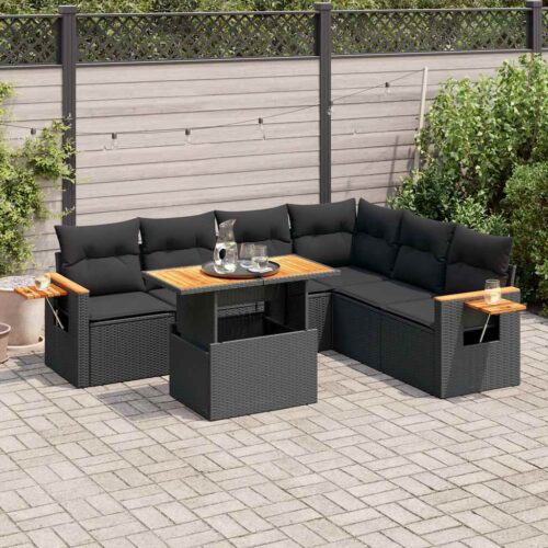 6-Piece Outdoor Sofa Set Garden Patio Lounge Cushions Chairs Black Poly Rattan Acacia - Image 2