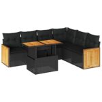 7-Piece Outdoor Sofa Set Garden Patio Lounge Cushions Chairs Black Poly Rattan Acacia