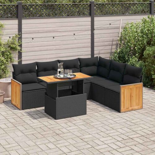 7-Piece Outdoor Sofa Set Garden Patio Lounge Cushions Chairs Black Poly Rattan Acacia - Image 2