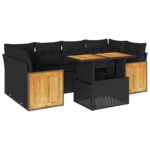 7-Piece Outdoor Sofa Set Garden Patio Lounge Cushions Chairs Black Poly Rattan Acacia
