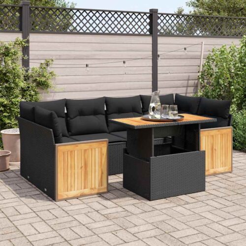 7-Piece Outdoor Sofa Set Garden Patio Lounge Cushions Chairs Black Poly Rattan Acacia - Image 2